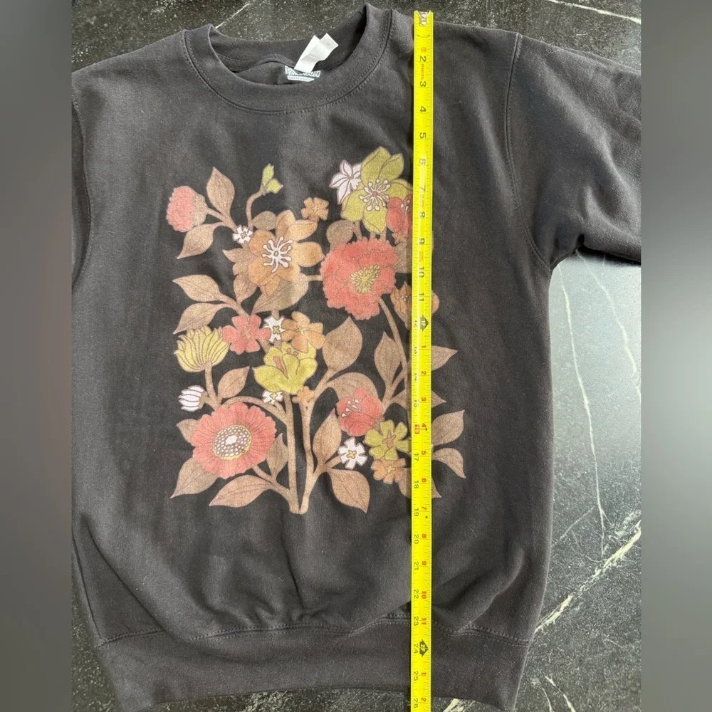 Fifth Sun SMALL Black, Brown, and Red Fall Floral Crew Neck Sweatshirt - Picture 5 of 7